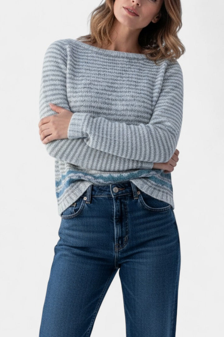 Yliana Striped Cozy Knit Sweater with Boat Neck
