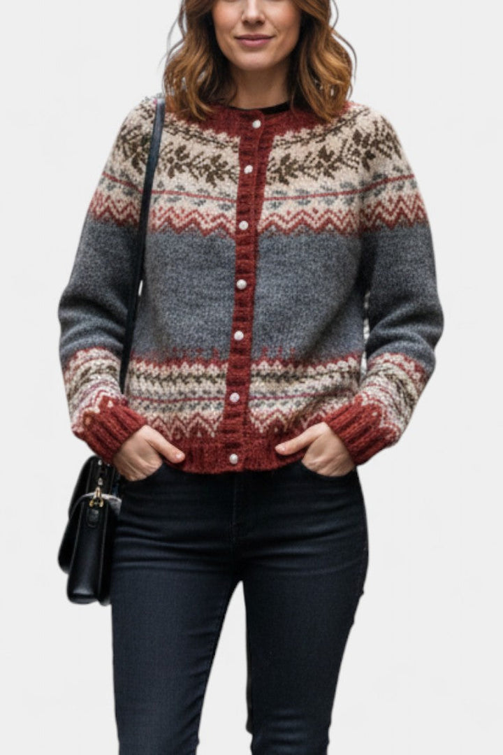 Sancia Classic Thick Knit Jacquard Cardigan with Button-Up Design