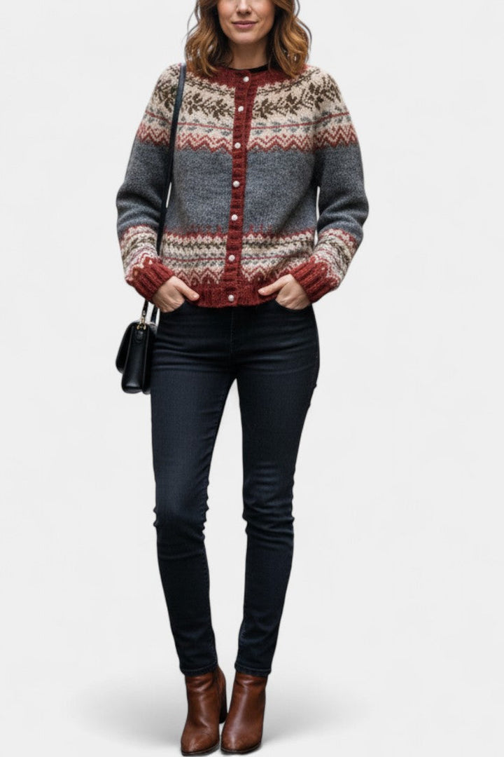 Sancia Classic Thick Knit Jacquard Cardigan with Button-Up Design