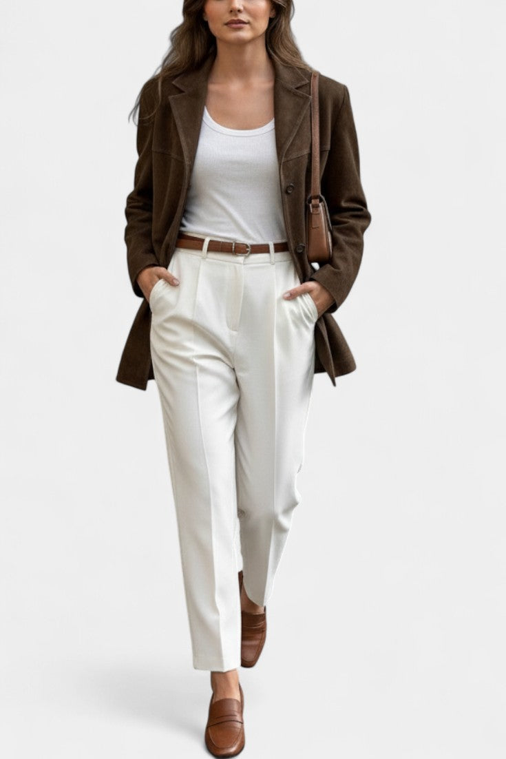 Maïa Chocolate Suede Straight Jacket featuring Notched Collar