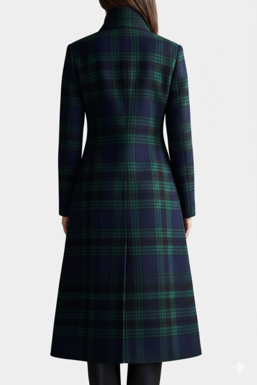 Caterina Vintage-Inspired Midi Coat in Blue-Green Plaid