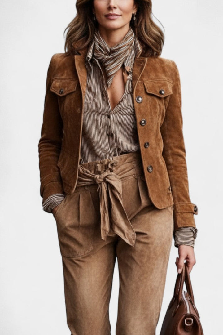 Brown Waltraud Cropped Suede Jacket with Lapels and Single Button Closure