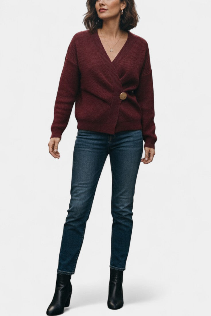 Céline V-Neck Ribbed Knit Wrap Cardigan with Asymmetrical Hem