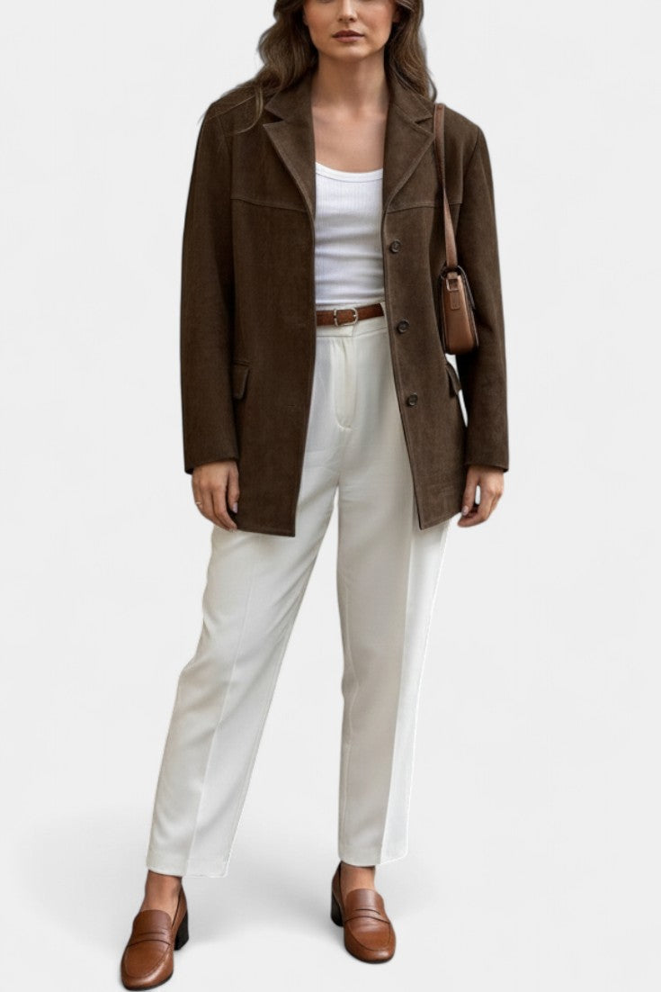 Maïa Chocolate Suede Straight Jacket with Notched Collar