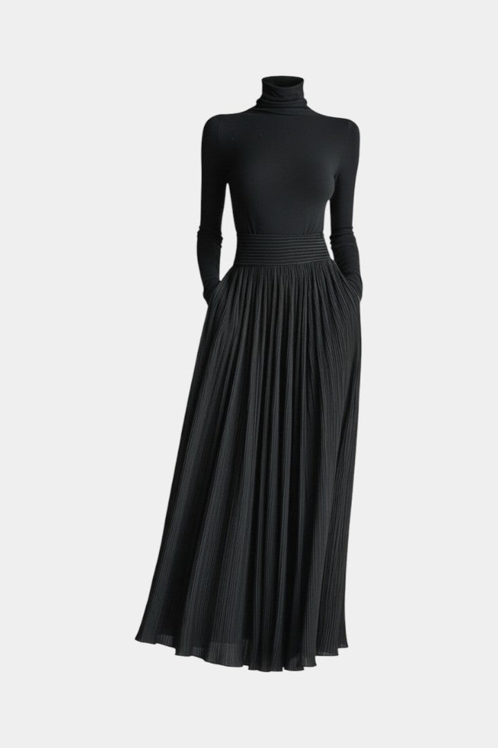 Selara Black High Neck Set with Flowing Pleated Skirt