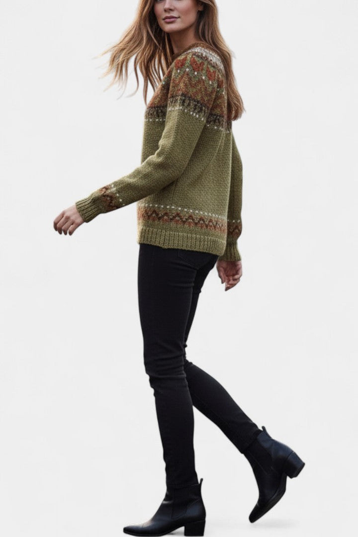 Yanaëlle Chunky Knit Jacquard Sweater with Crew Neck