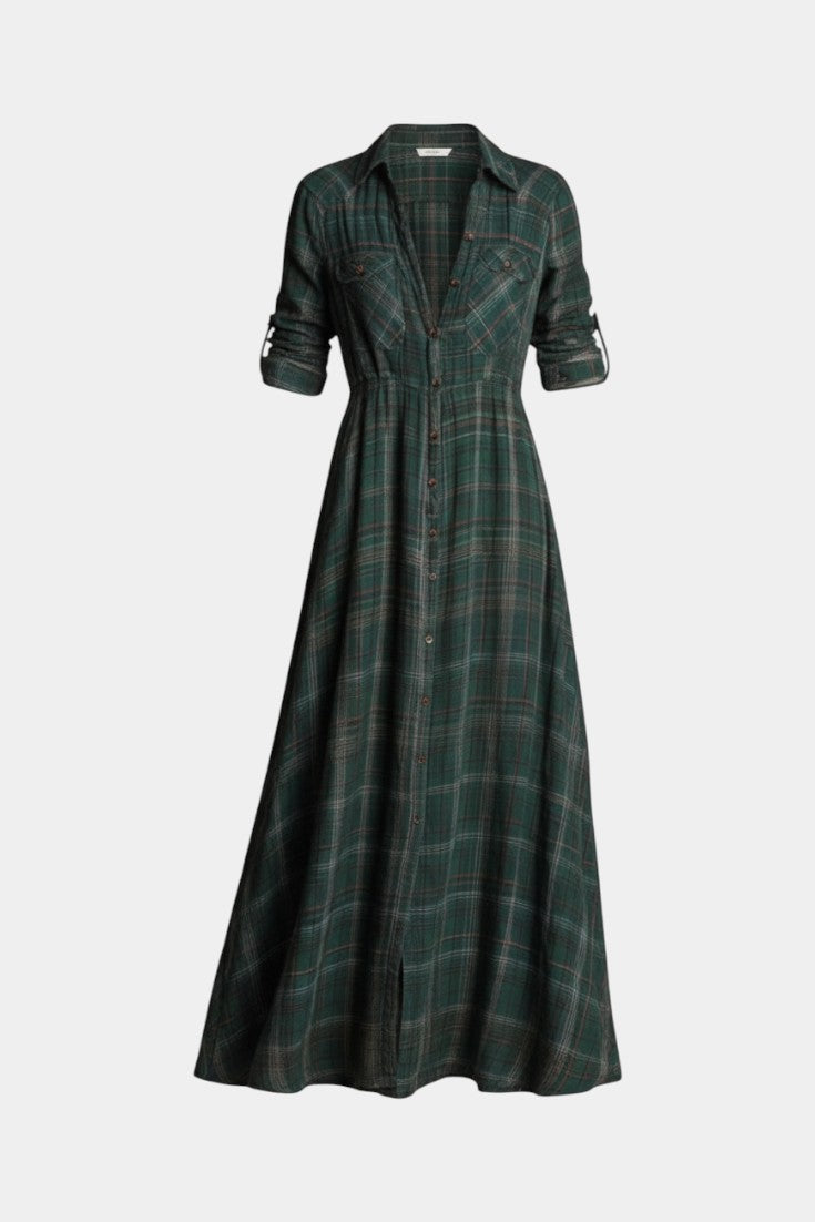 Amanita Green Check Maxi Dress with Structured Lapel