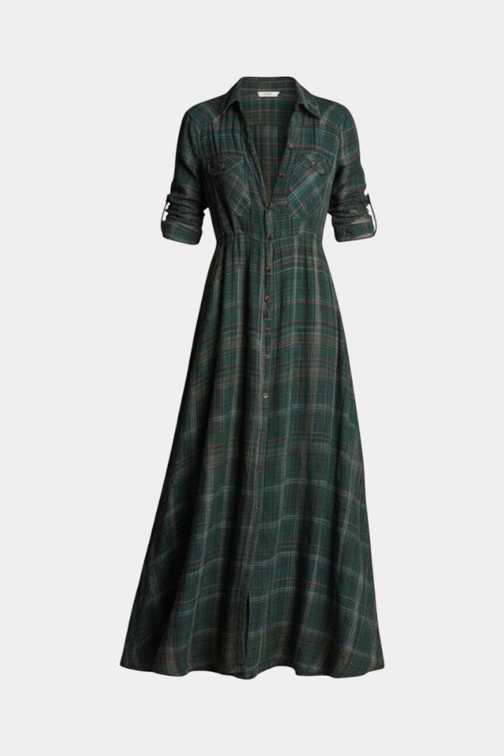 Amanita Green Check Maxi Dress with Structured Lapel