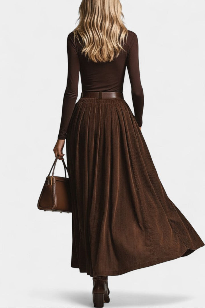 Fabia Dark Brown Turtleneck Ensemble with Corduroy Skirt