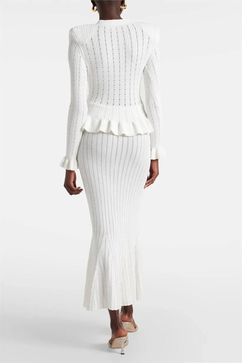 Prudence Knit Ensemble: Ruffled Cardigan and Flared Midi Skirt