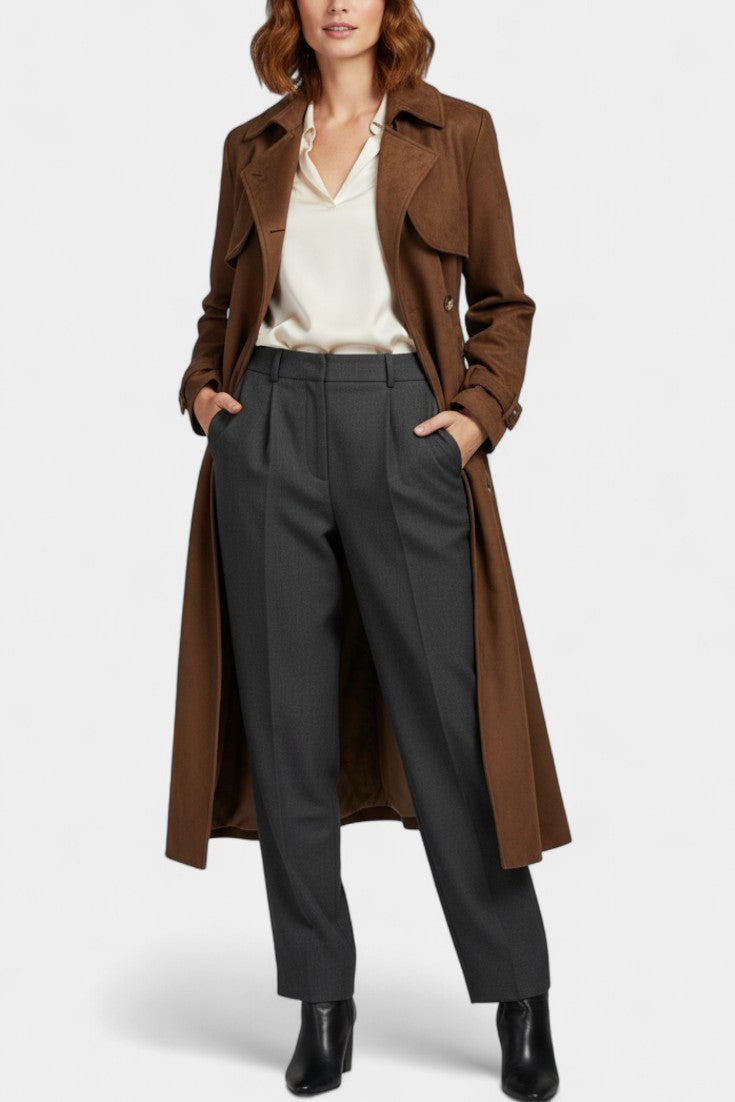 Leelie Adjustable Belt Maxi Trench Coat in Synthetic Suede