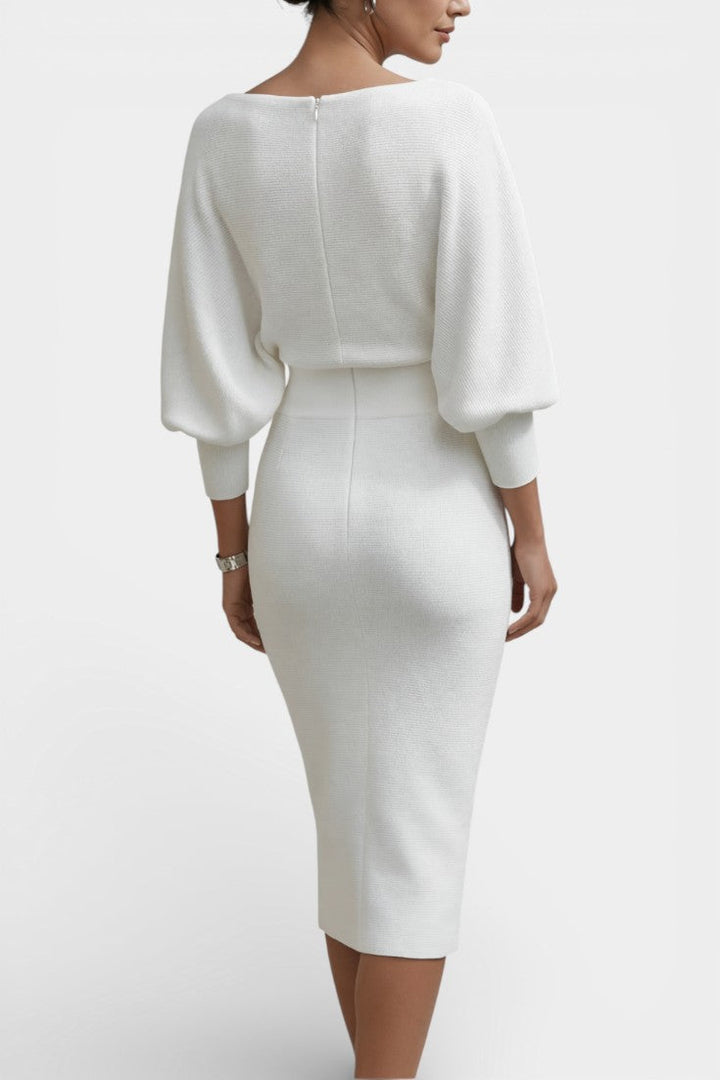 Marjolaine Midi Dress with Batwing Sleeves and Draped Design