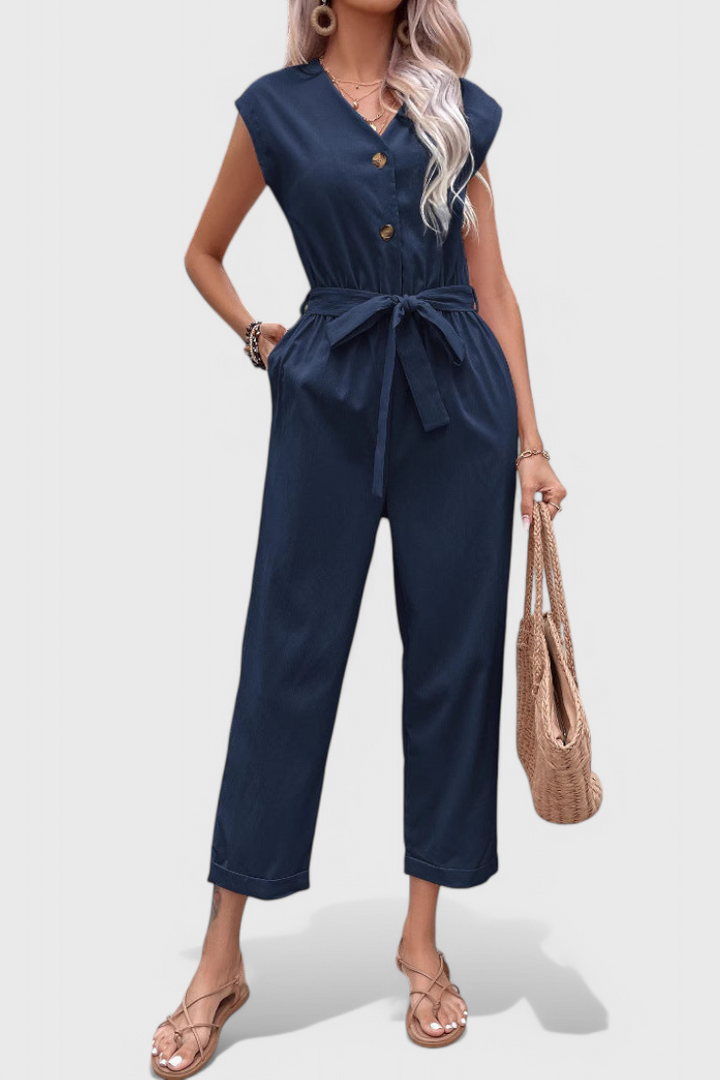 Marie Sleeveless Cotton Jumpsuit with Tied Waist and Button Front