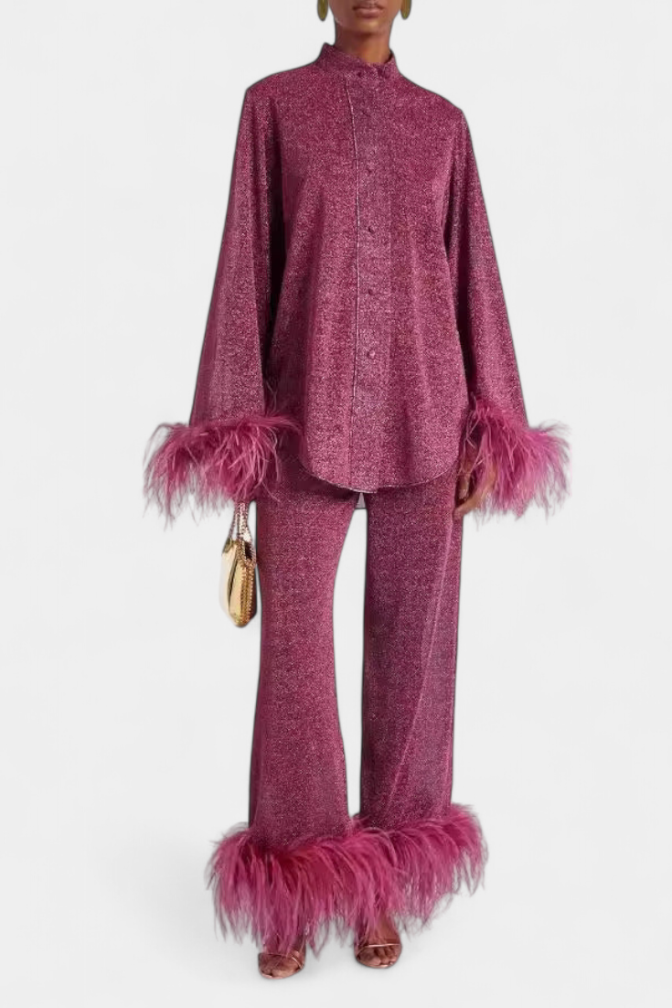 Polina Long Sleeve Blouse & Casual Pants Set with Feather Necklace