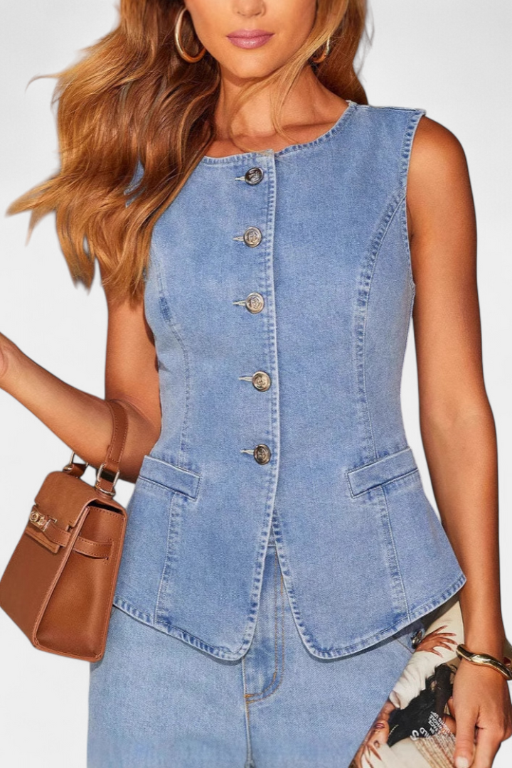 Ludovica Denim Set: Fitted Sleeveless Jacket & Wide-Leg Jeans