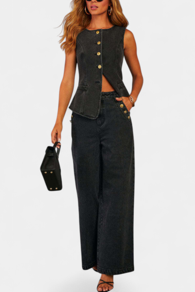 Ludovica Denim Set: Fitted Sleeveless Jacket & Wide-Leg Jeans