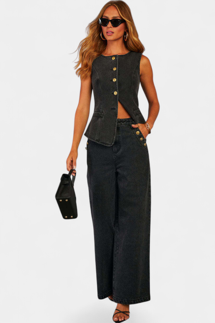 Ludovica Denim Set: Fitted Sleeveless Jacket & Wide-Leg Jeans