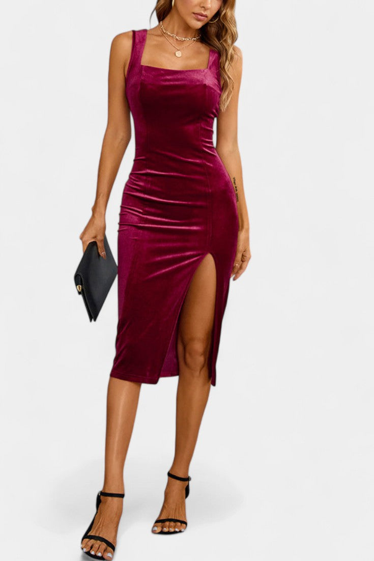 Navy Velvet Midi Dress with Square Neck and Delicate Straps