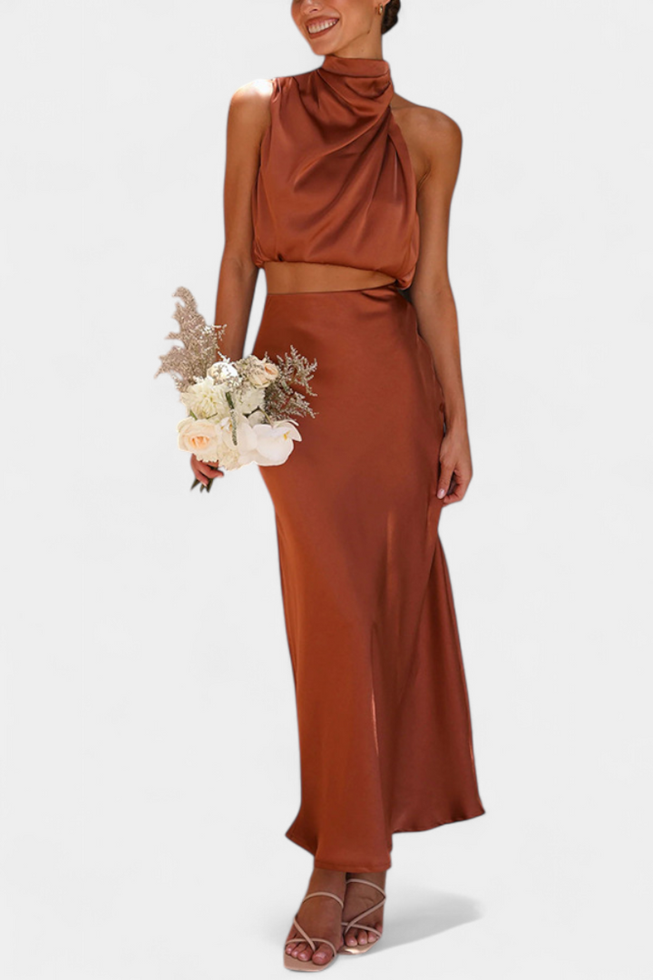 Hanna Two-Piece Draped Halter Neck Set with Open Back Design