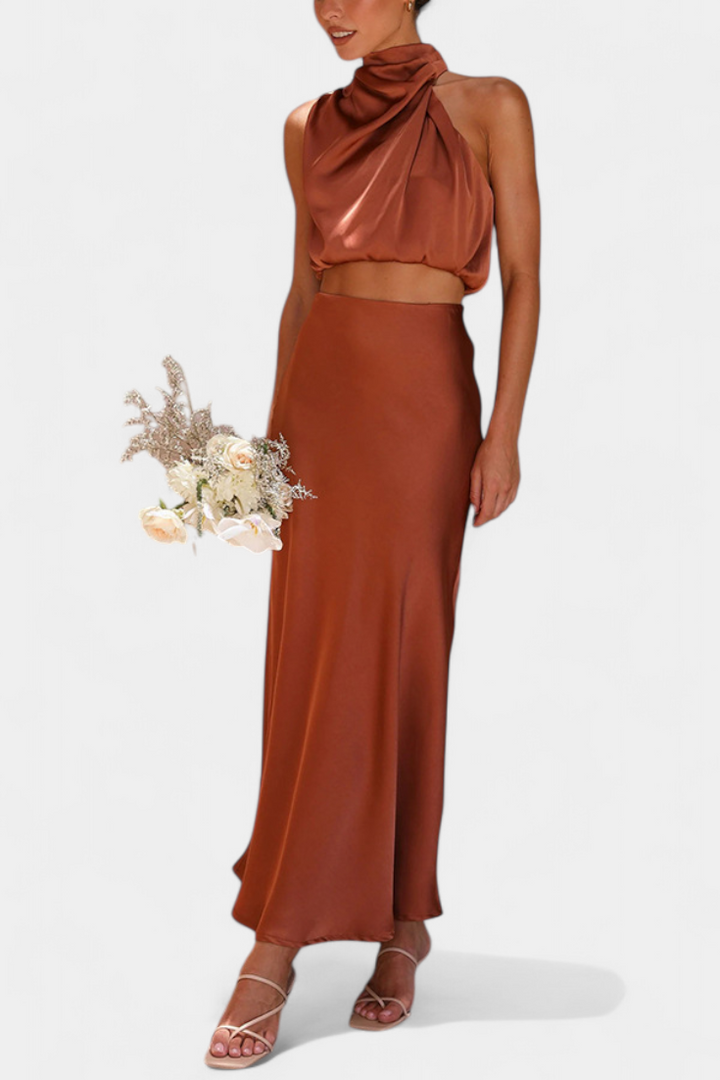 Hanna Two-Piece Draped Halter Neck Set with Open Back Design