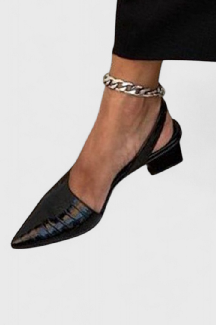 Ava Crocodile Effect Pointed Toe Heels with Square Heel