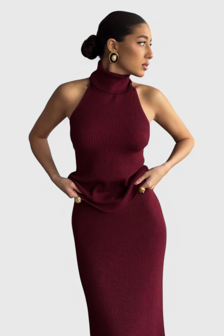 Rhea Backless Midi Knit Dress with High Halter Neck