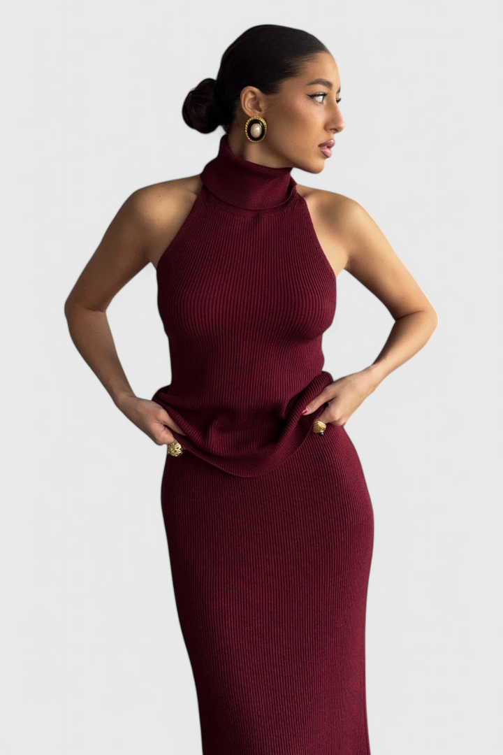Rhea Backless Midi Knit Dress with High Halter Neck