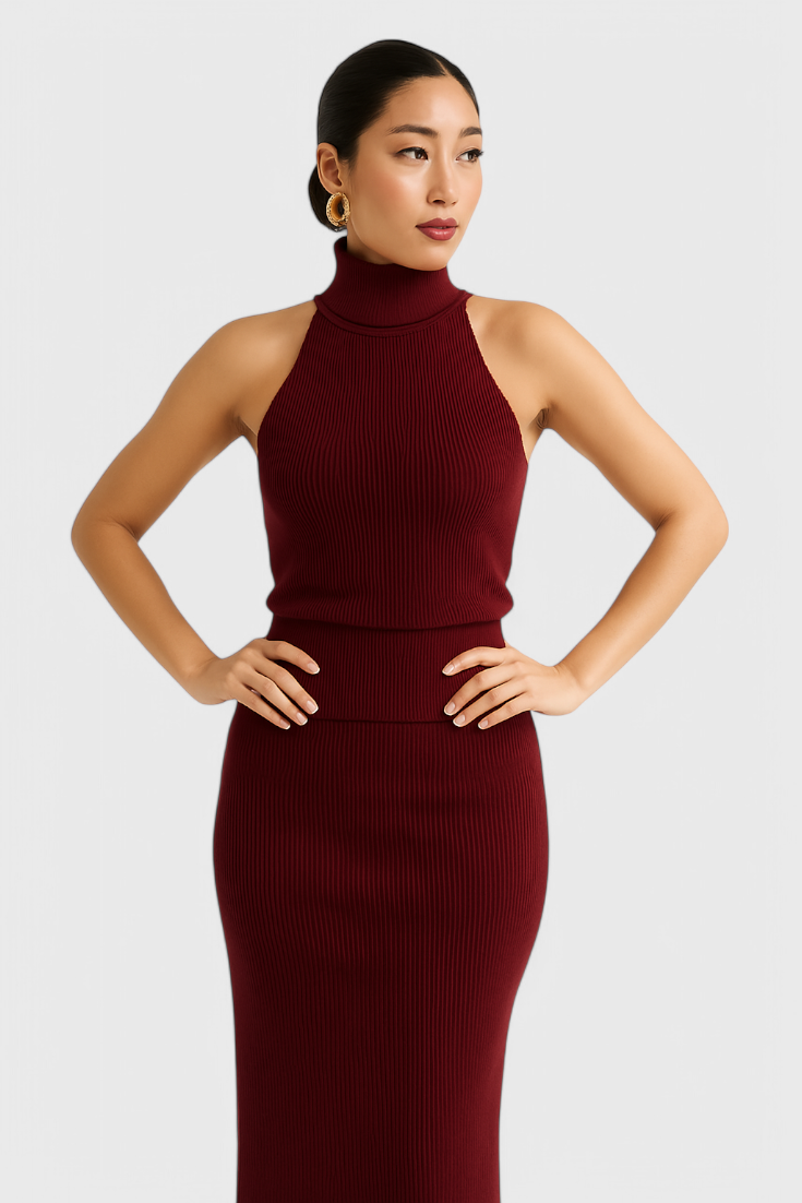 Rhea Backless Midi Knit Dress with High Halter Neck