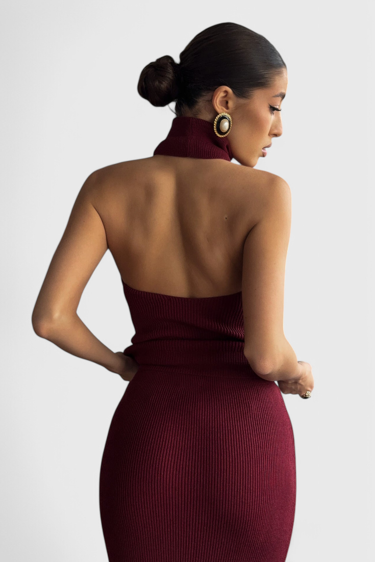 Rhea Backless Midi Knit Dress with High Halter Neck
