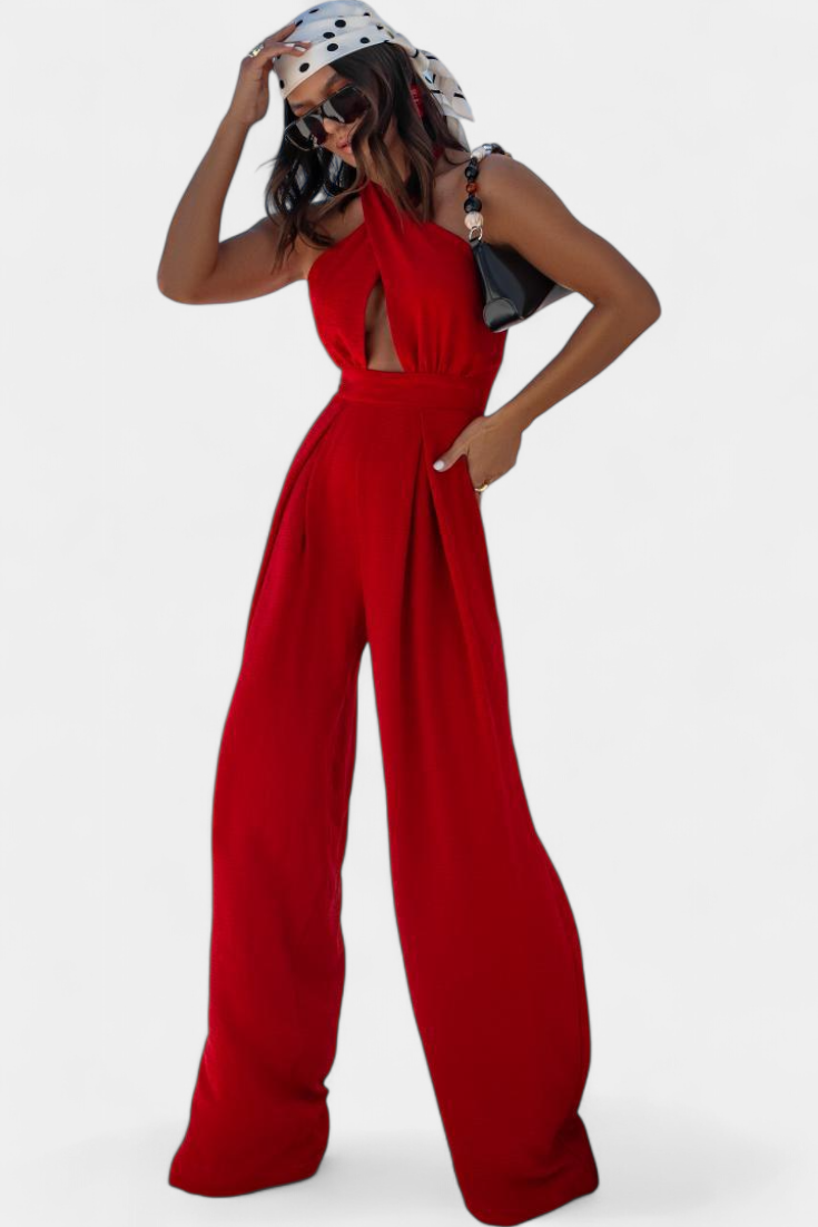 Jessica Wide-Leg Backless Halter Jumpsuit