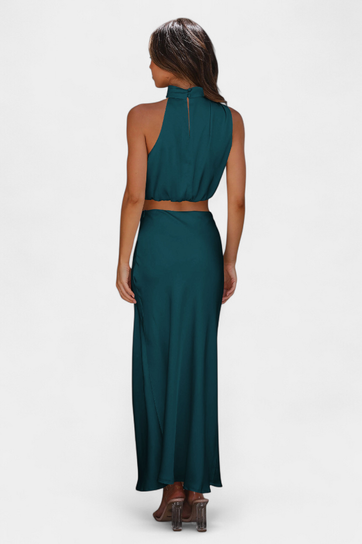 Hanna Two-Piece Draped Halter Neck Set with Open Back Design