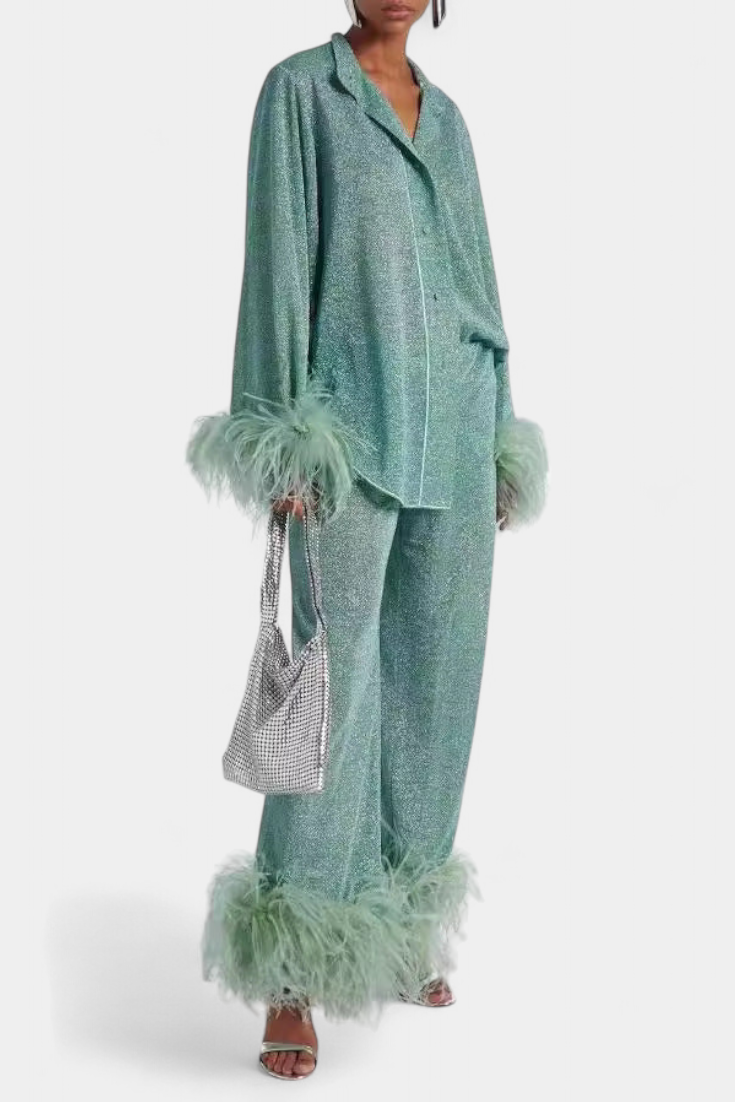 Polina Long Sleeve Blouse & Casual Pants Set with Feather Necklace