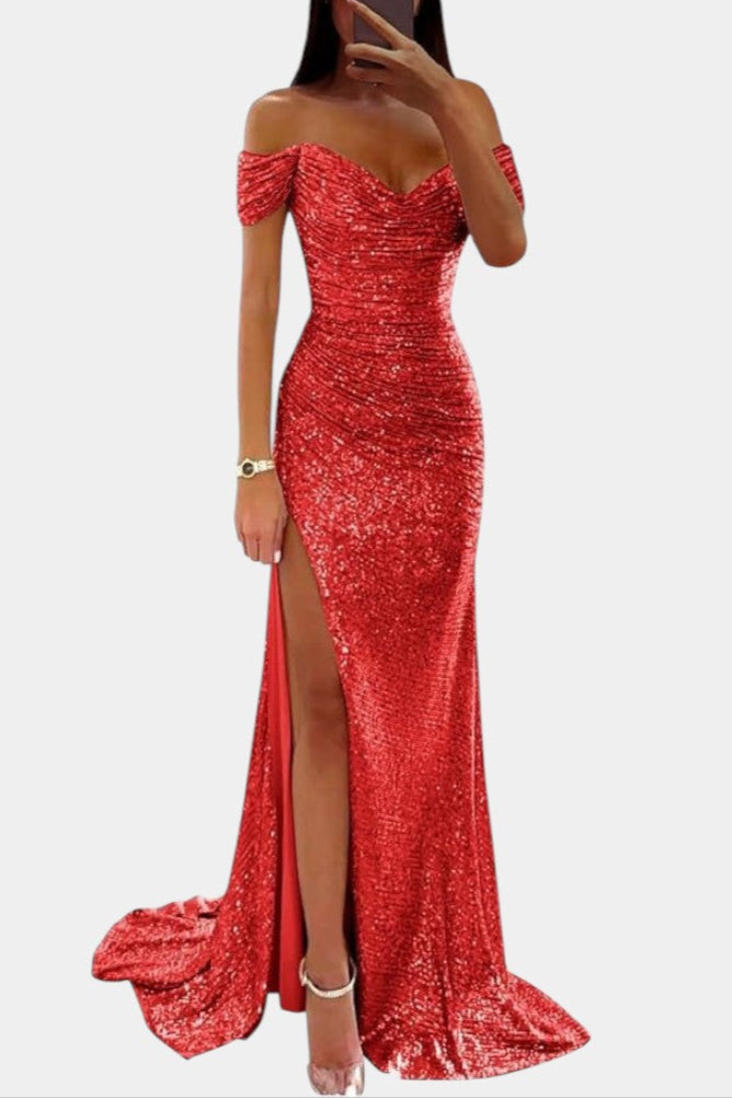 Off-Shoulder Mermaid Dress by Ariel with Ruched Corset and High Slit