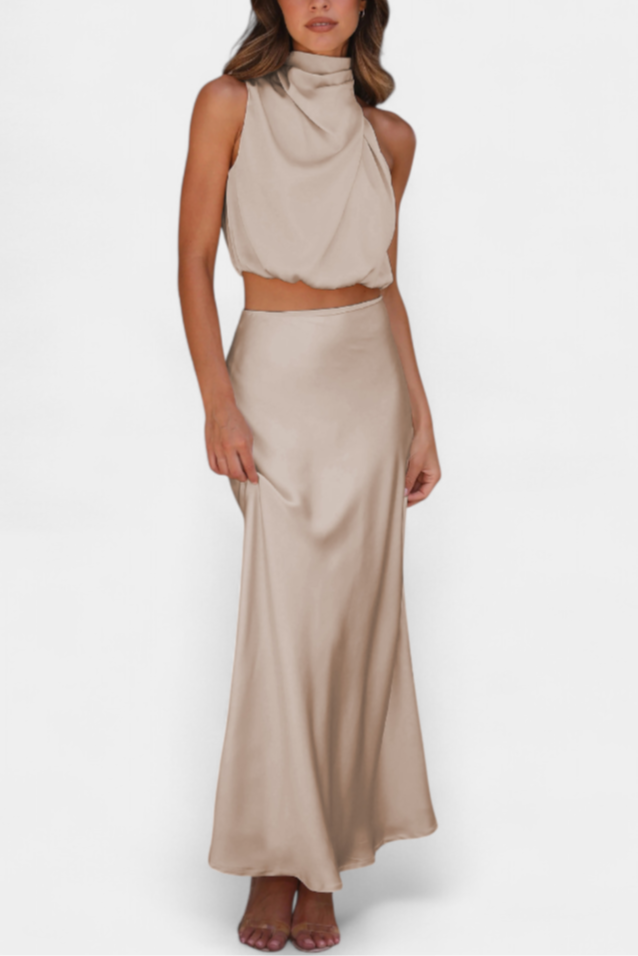 Hanna Two-Piece Draped Halter Neck Set with Open Back Design