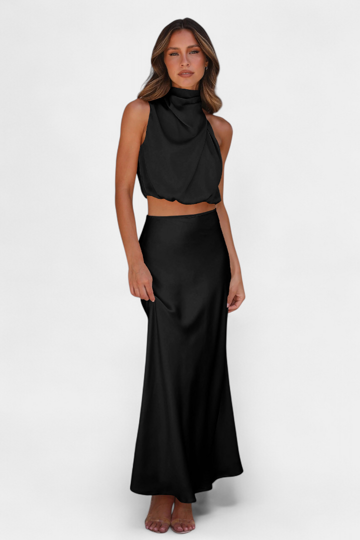 Hanna Two-Piece Draped Halter Neck Set with Open Back Design