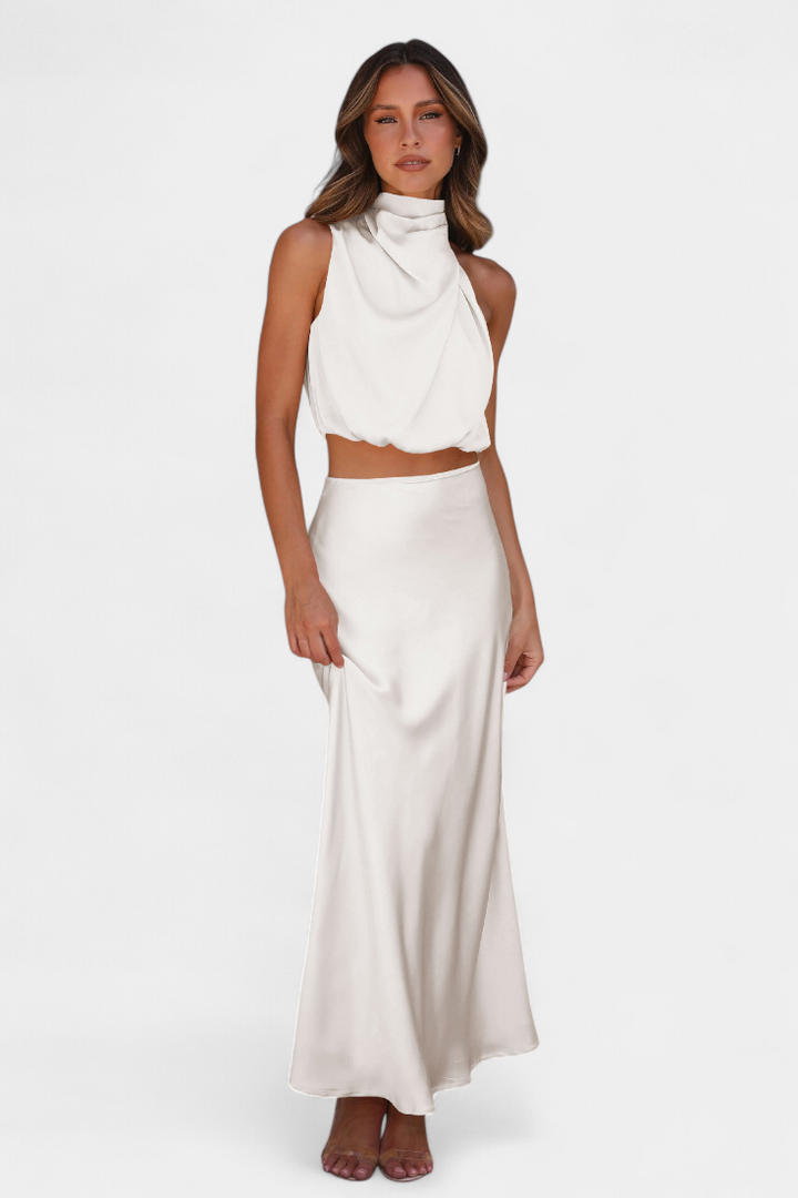 Hanna Two-Piece Draped Halter Neck Set with Open Back Design