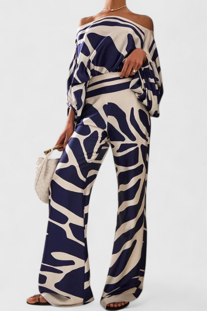 Artistic Print Off-the-Shoulder Top and Wide-Leg Pants Set by Sybella