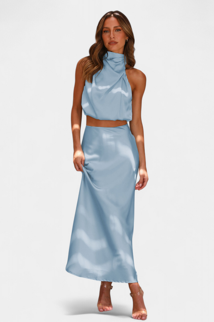 Hanna Two-Piece Draped Halter Neck Set with Open Back Design