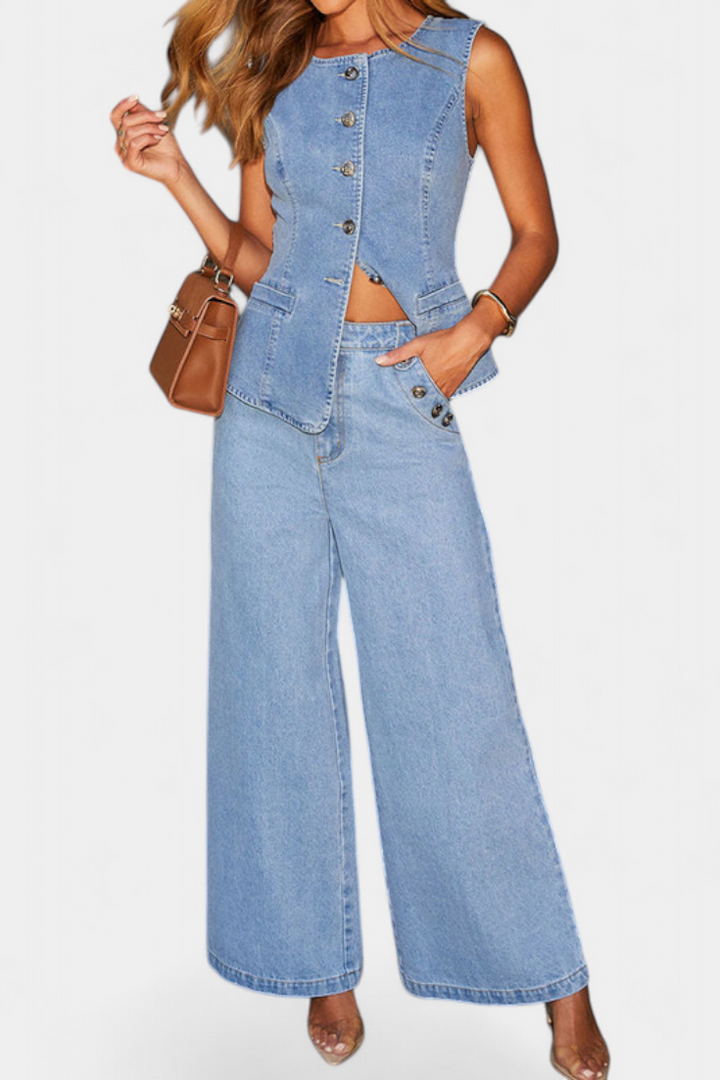 Ludovica Denim Set: Fitted Sleeveless Jacket & Wide-Leg Jeans