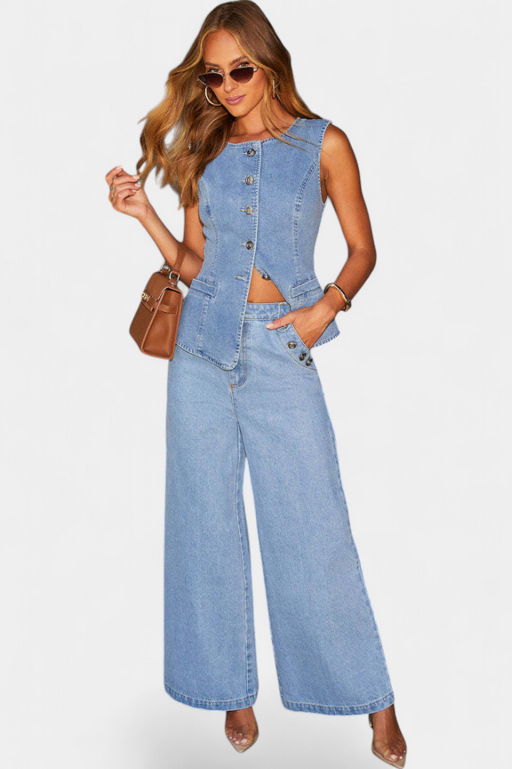 Ludovica Denim Set: Fitted Sleeveless Jacket & Wide-Leg Jeans