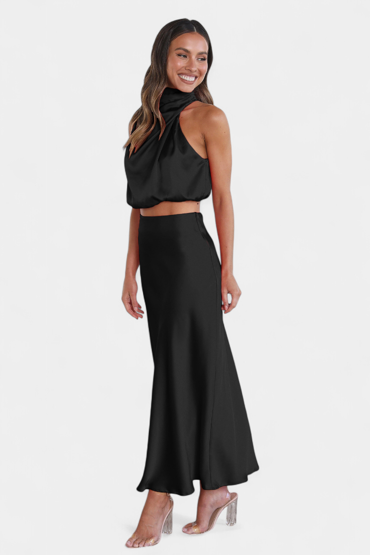 Hanna Two-Piece Draped Halter Neck Set with Open Back Design