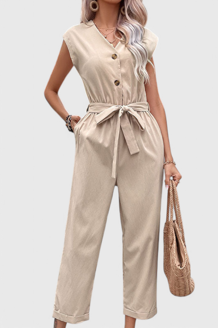 Marie Sleeveless Cotton Jumpsuit with Tied Waist and Button Front