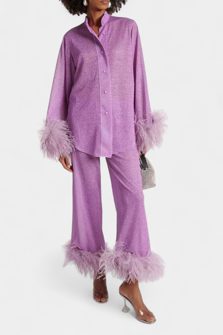 Polina Long Sleeve Blouse & Casual Pants Set with Feather Necklace