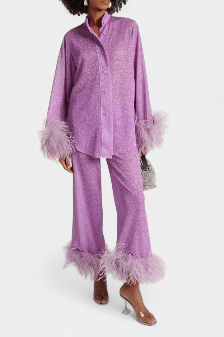 Polina Long Sleeve Blouse & Casual Pants Set with Feather Necklace