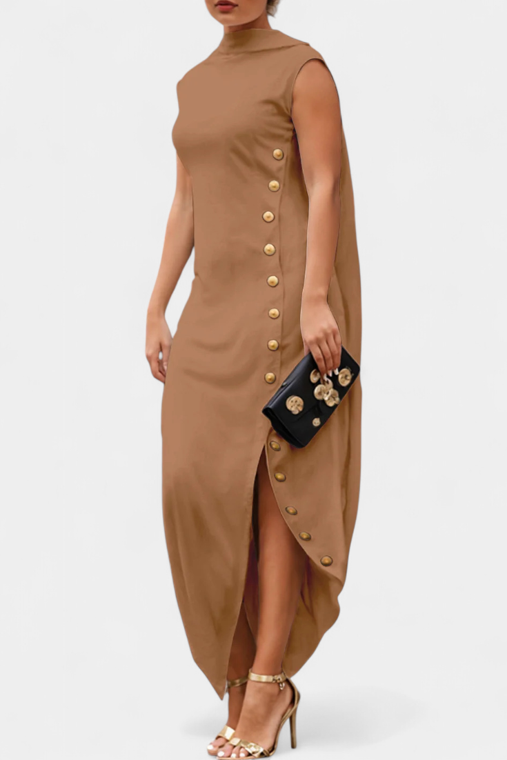 Asymmetrical Sleeveless Dress by Aphrodite Featuring Elegant Golden Buttons