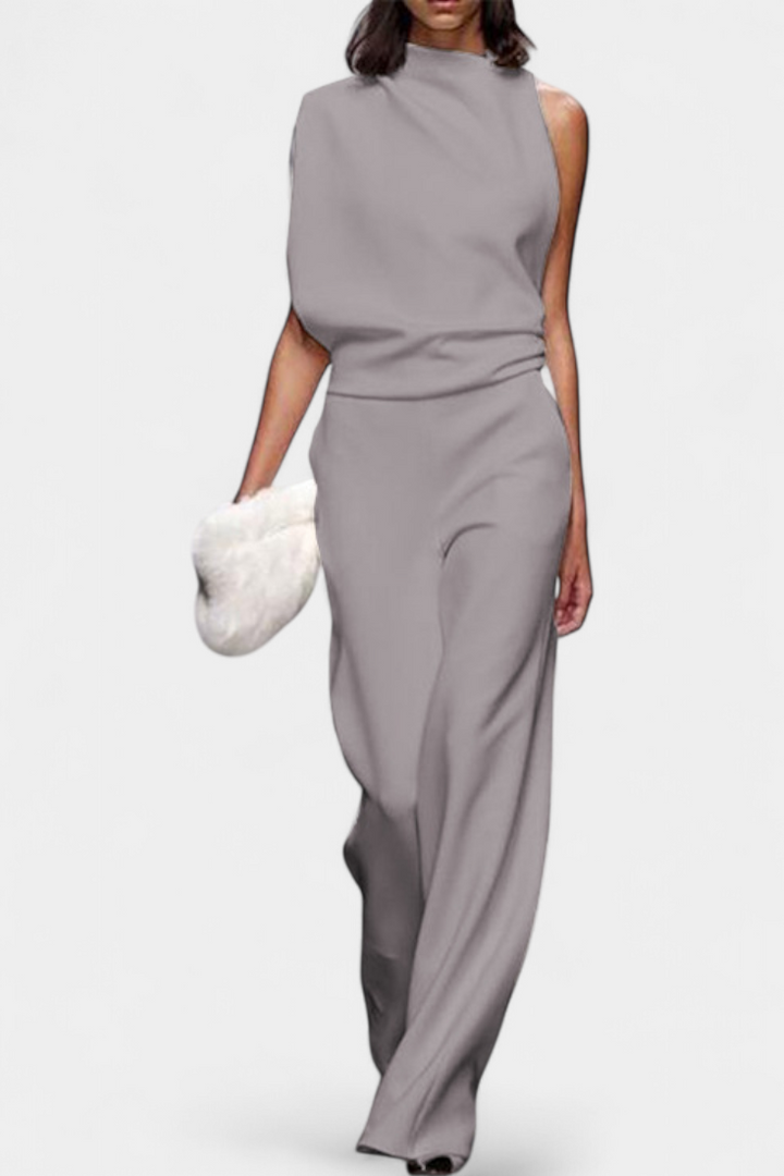 Asymmetrical One-Shoulder Jumpsuit with Flowing Legs by Etta