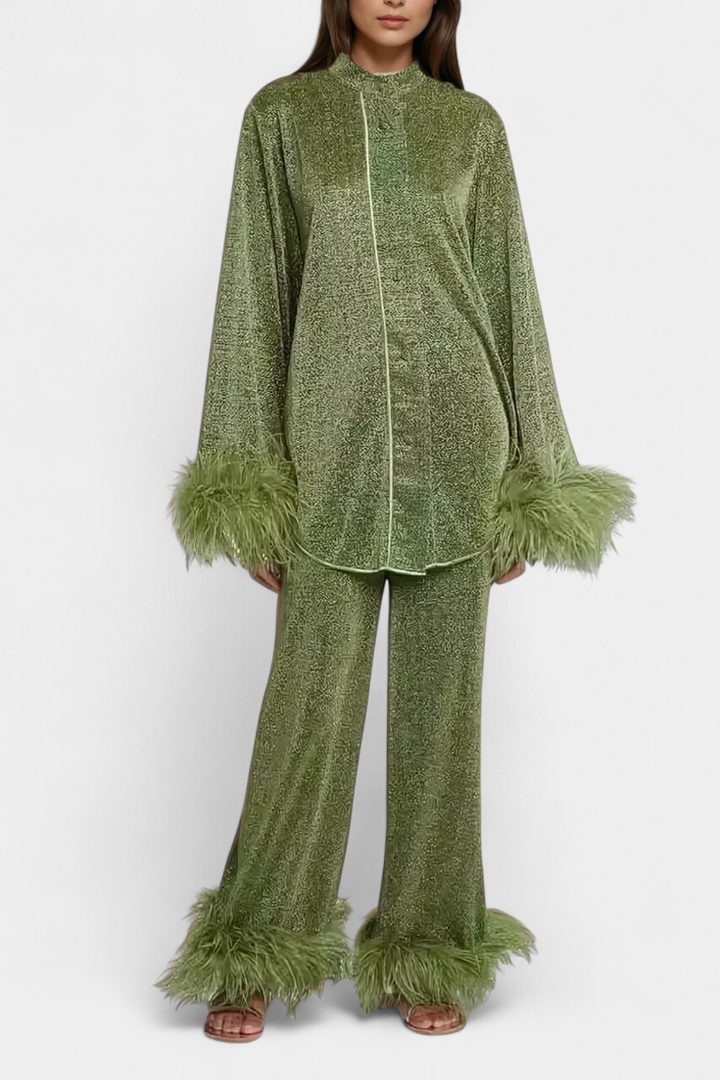 Polina Long Sleeve Blouse & Casual Pants Set with Feather Necklace