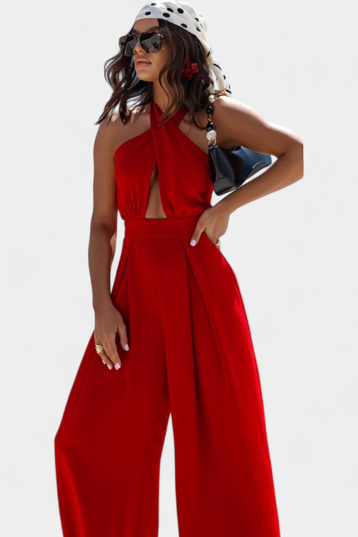 Jessica Wide-Leg Backless Halter Jumpsuit