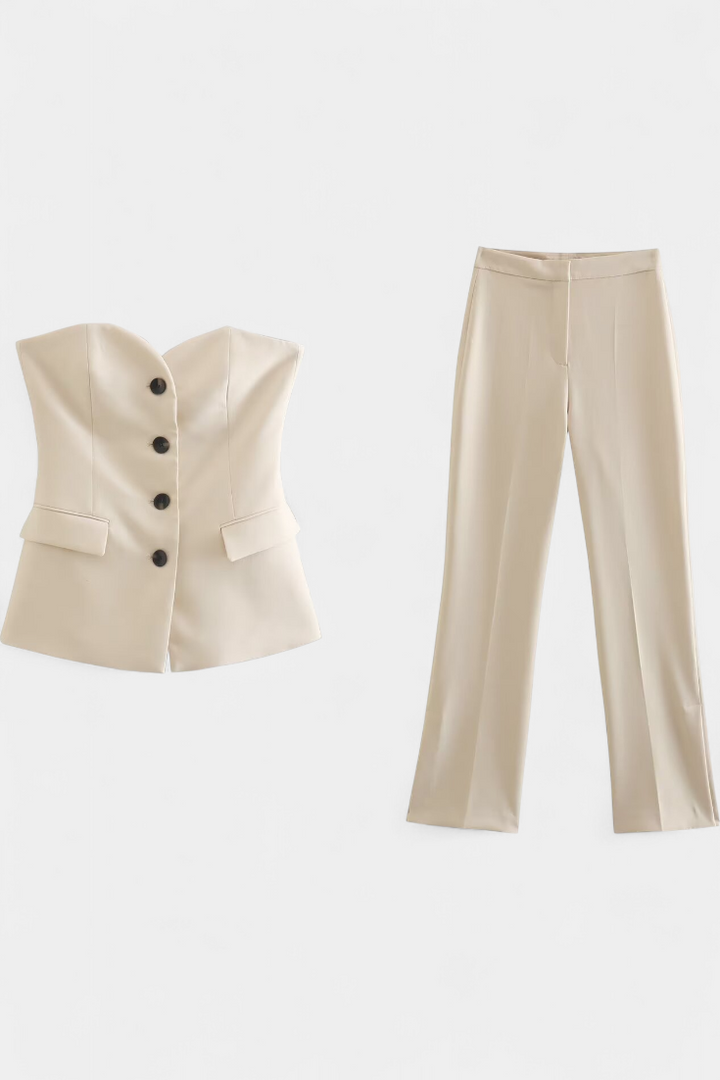 Paesha Sleeveless Minimalist Ensemble with Flared Trousers