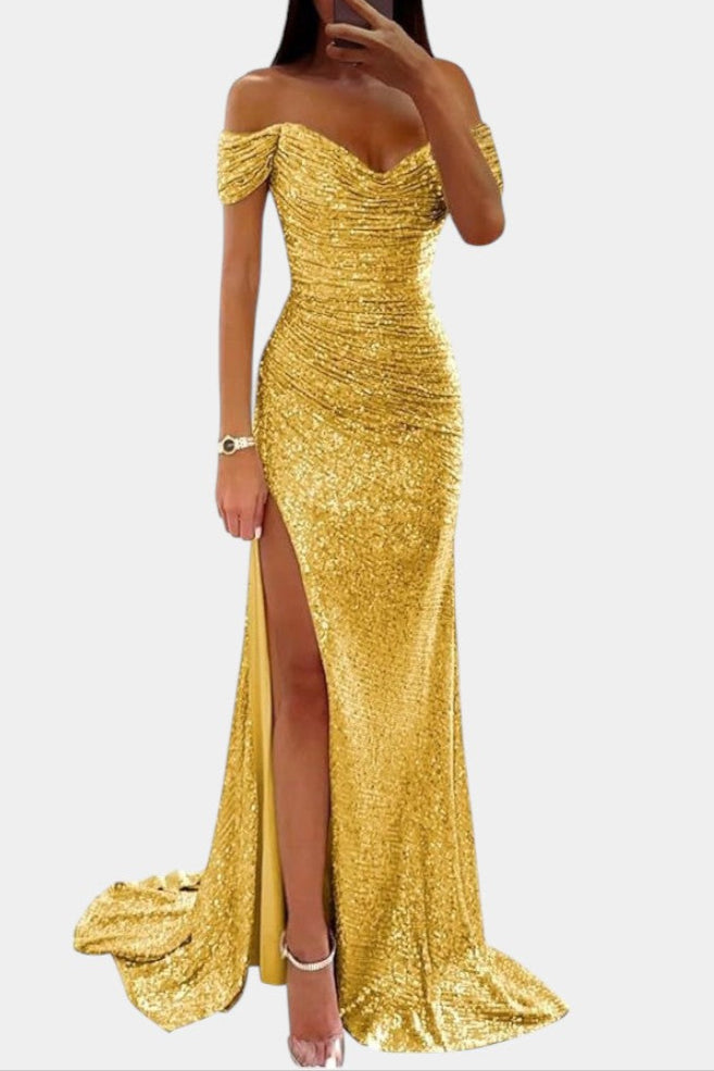 Off-Shoulder Mermaid Dress by Ariel with Ruched Corset and High Slit